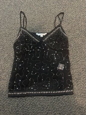 Beaded Black Sequin Spaghetti Strap Tank Top